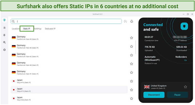 Screenshot of Surfshark's window interface, showing a list of its Static IPs