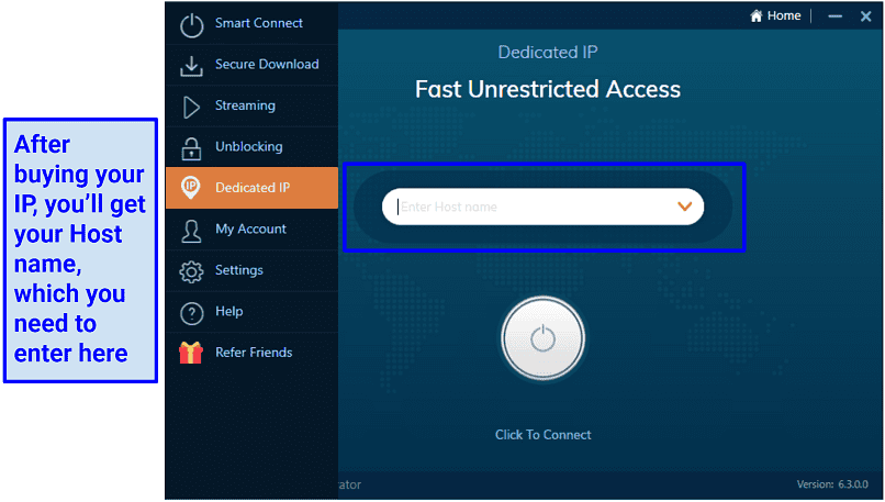 Screenshot of Ivacy VPN's Dedicated IP tab on window