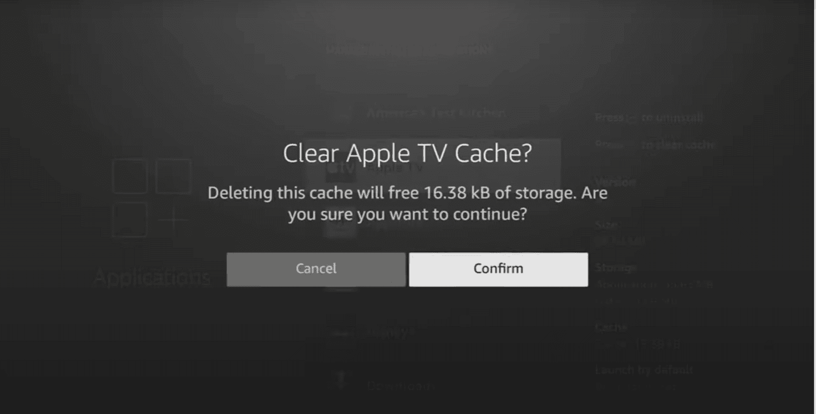 Screenshot of Firestick Clear App Cache screen