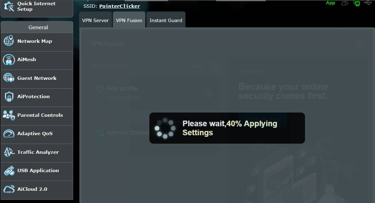 The Asus router is applying VPN setup