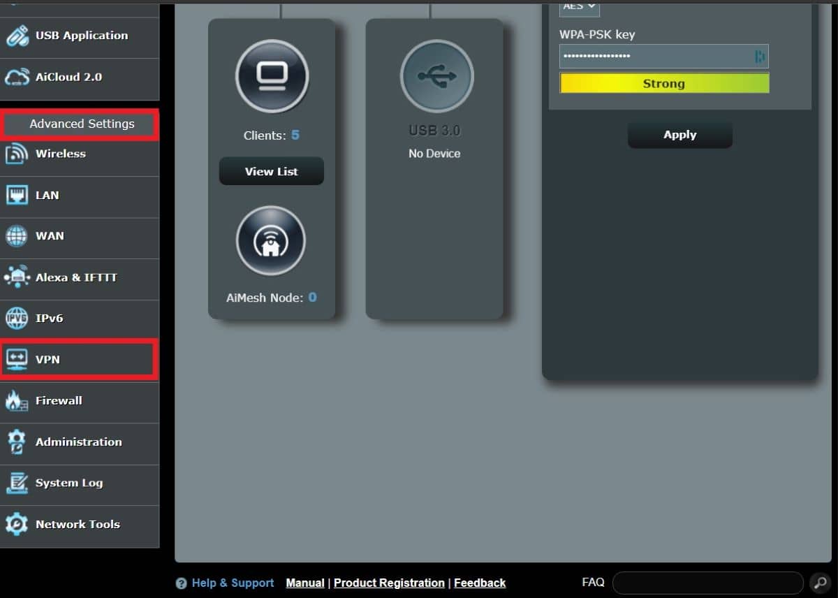 The admin interface after logged on from Asus router