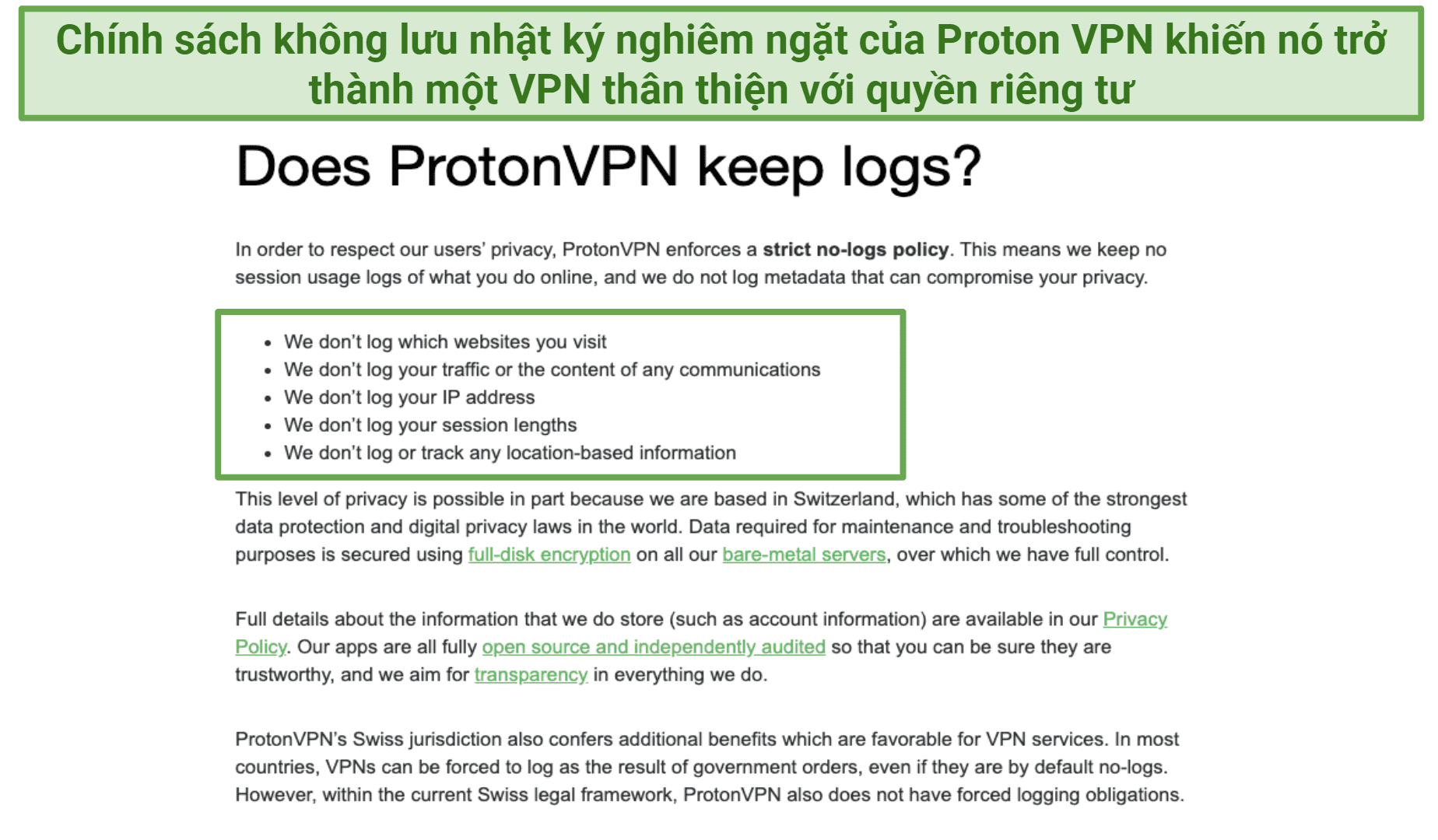 Screenshot of Proton VPN's logging policy