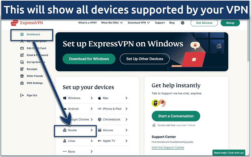 Screenshot of the ExpressVPN account dashboard with the 