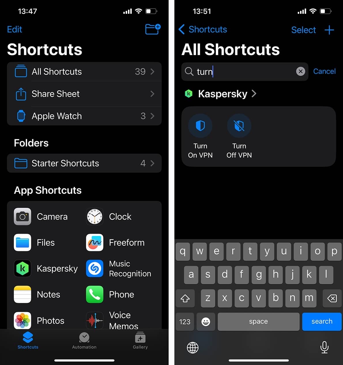 How to find Kaspersky VPN shortcuts in Shortcuts 