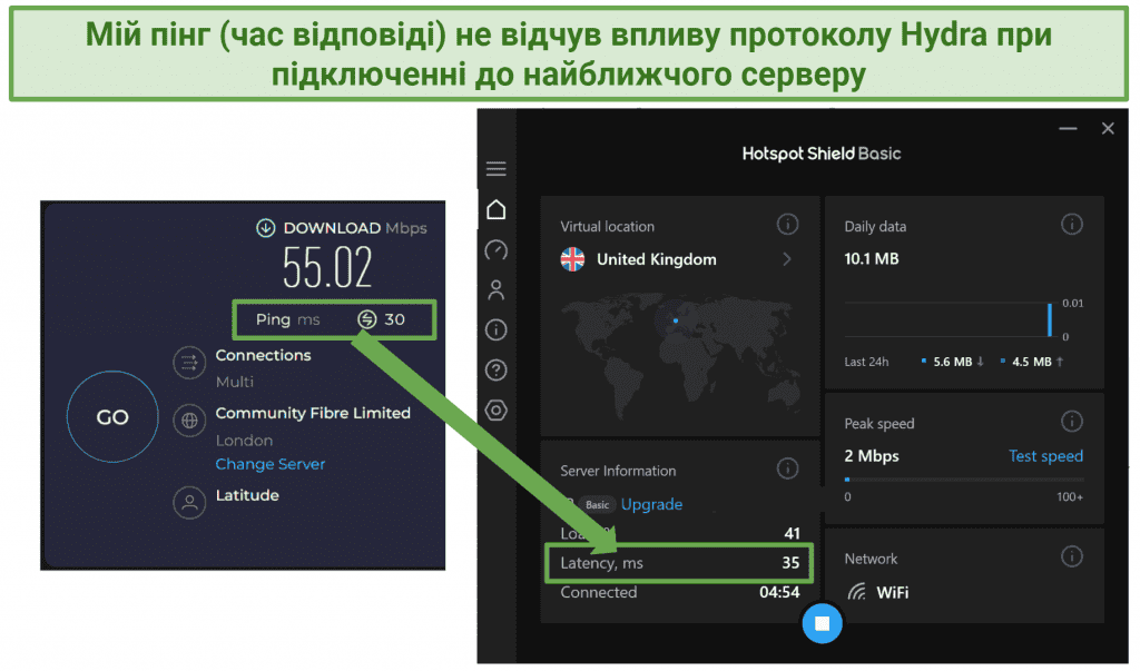 Screenshot showing Hotspot Shield Free VPN affect on ping or latency