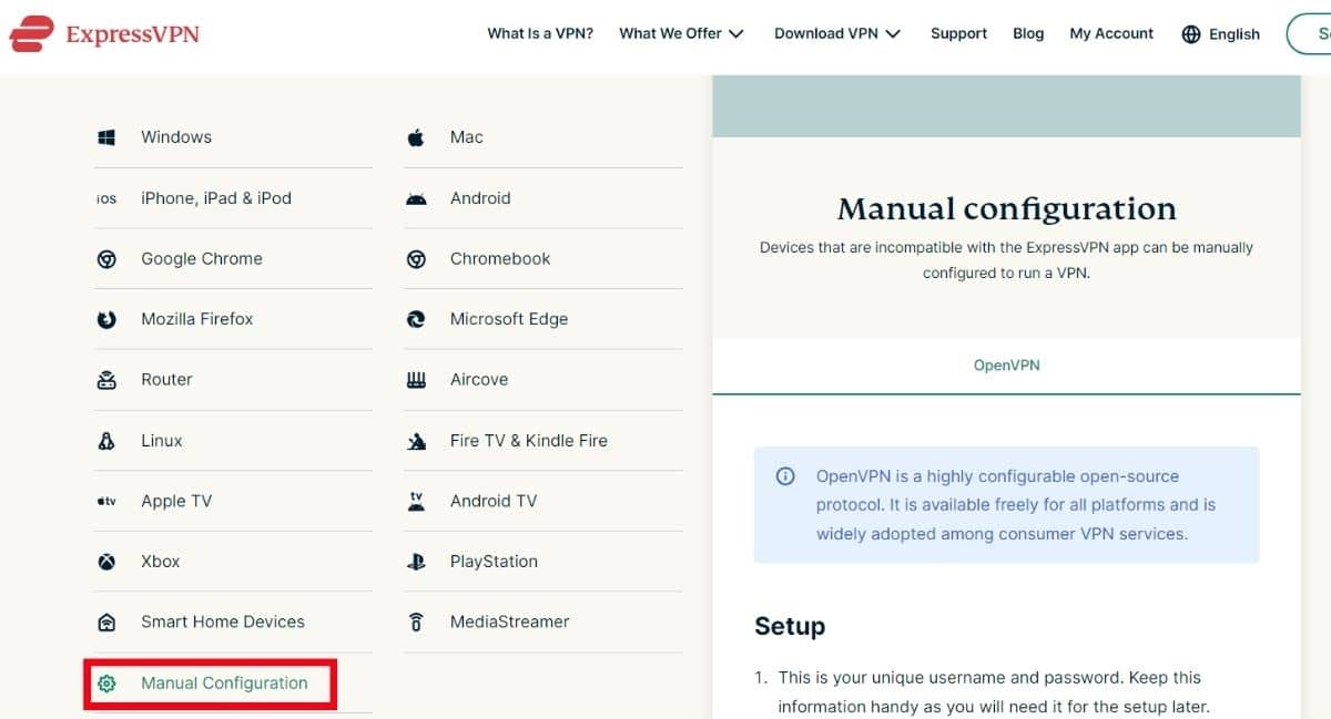 The Manual Configuration option from the EXpressVPN is highlighted in a red box