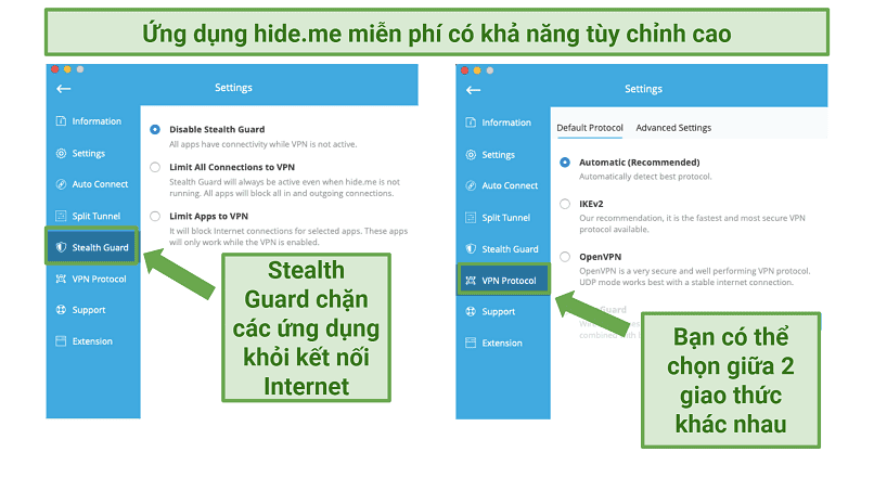 Screenshot of hideme's security features