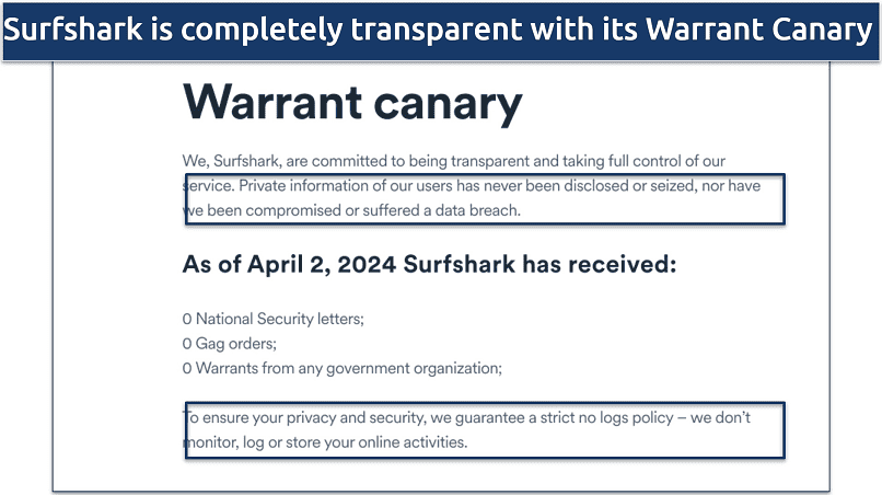 Screenshot of Surfshark's warrant canary