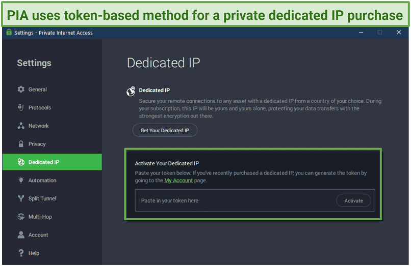 Screenshot of PIA's Dedicated IP token activation page on window app