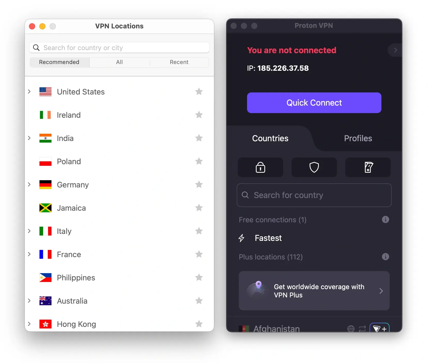 A side-by-side comparison of ExpressVPN and Proton VPN Free's server networks