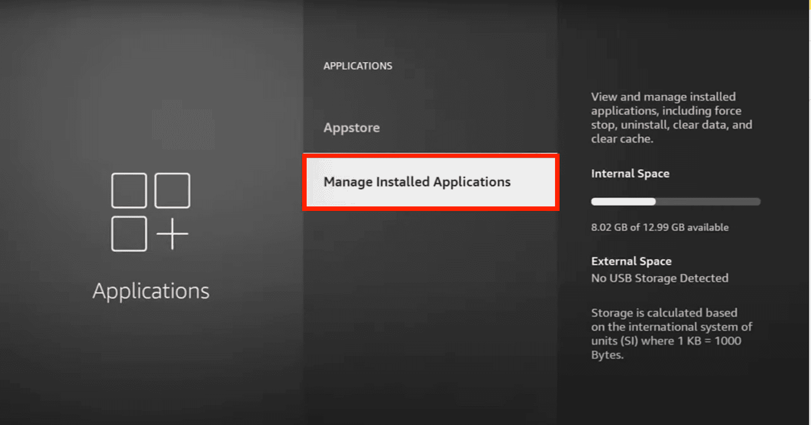 Screenshot of Firestick application Setting Screen