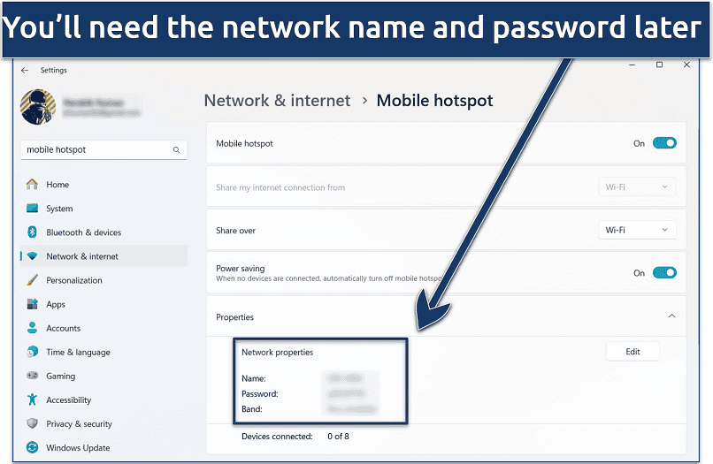 Screenshot of the Network & internet > mobile hotspot settings on Windows 11