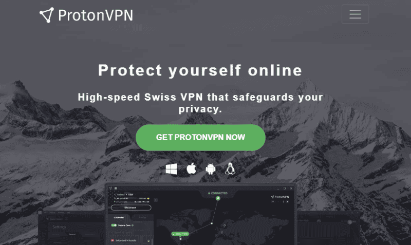 ProtonVPN homepage with a call to action and download links for Windows, IOS, Android, and Linux