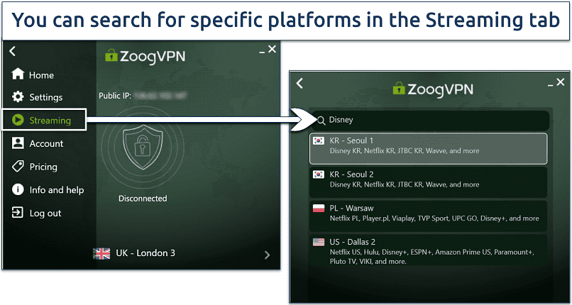 Screenshot of the ZoogVPN app for Windows highlighting the search bar in the Streaming tab