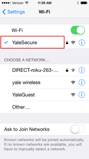 Connected to YaleSecure Wi-Fi