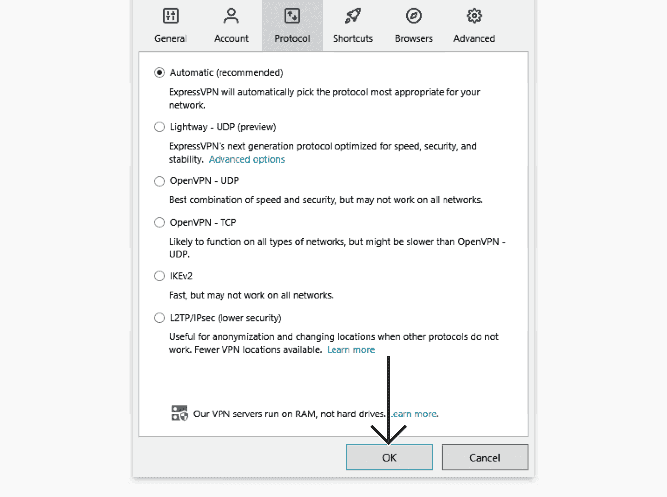 In the "Protocol" tab, select the protocol you want to use, then click "OK."