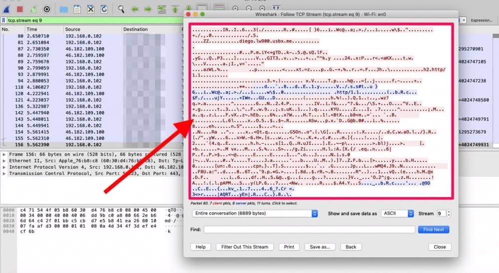 Wireshark trace showing encrypted data. 