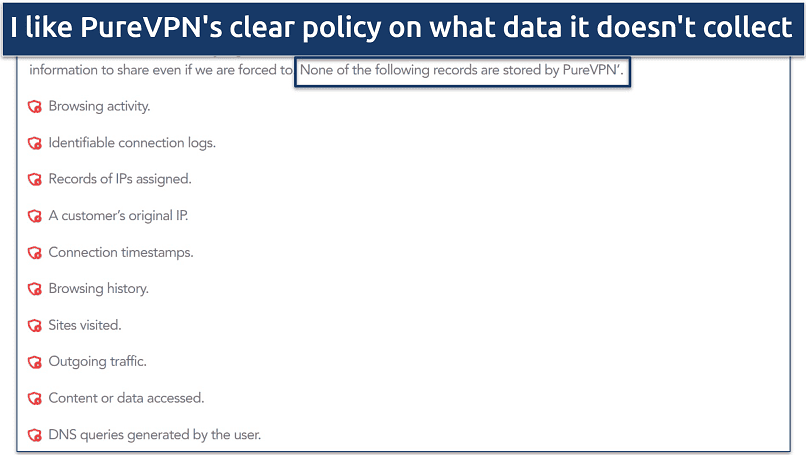A screenshot highlighting the sensitive information that PureVPN does not store