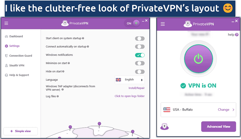 Screenshot of PrivateVPN's Simple and Advanced modes on Windows