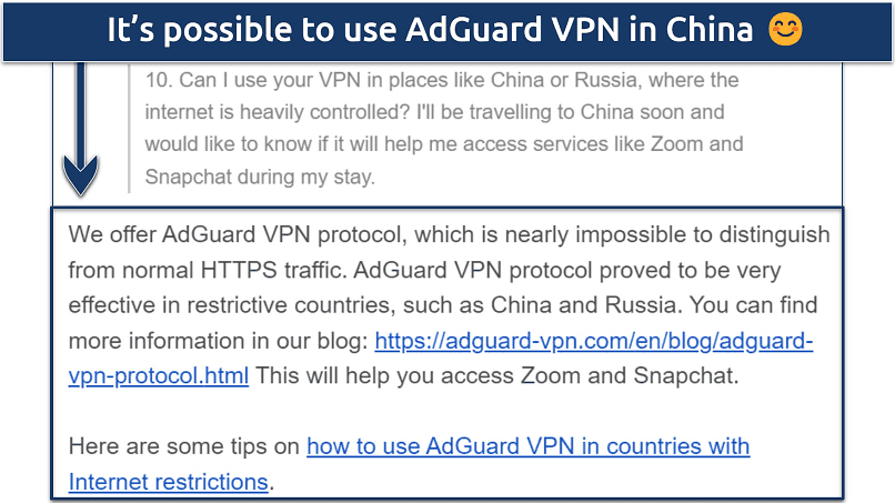 A screenshot showing AdGuard VPN's support team confirming the VPN work in China