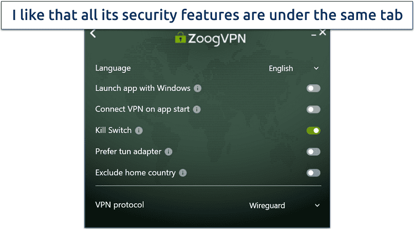 Screenshot of ZoogVPN's settings menu on the Windows app 