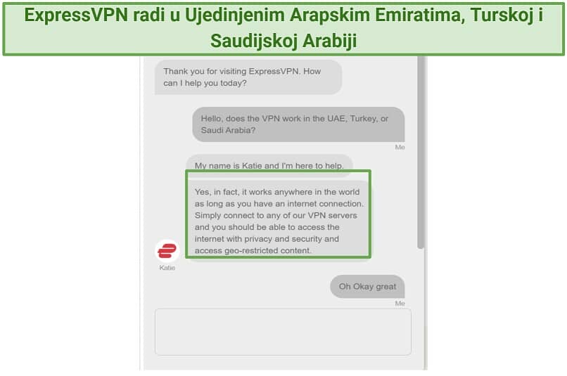 Screenshot of chat with ExpressVPN support staff confirming it works worldwide