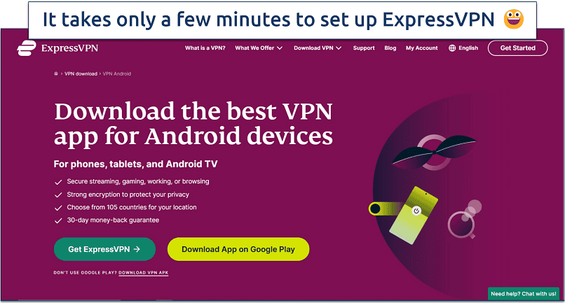 Screenshot of ExpressVPN's website with download links for Android apps