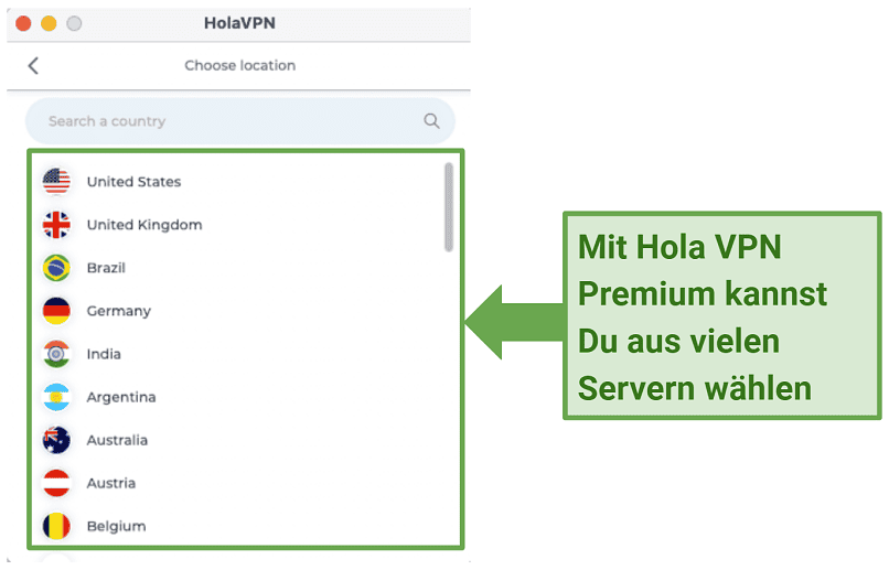 Graphic showing Hola VPN server list