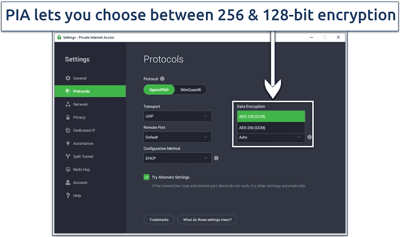 Screenshot of the PIA app showing how to choose between different encryption levels