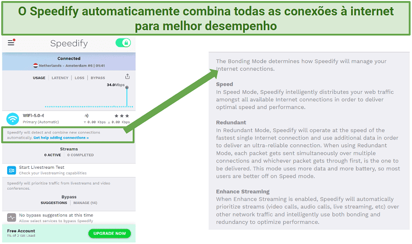 Screenshot showing bonding mode on Speedify's free VPN app