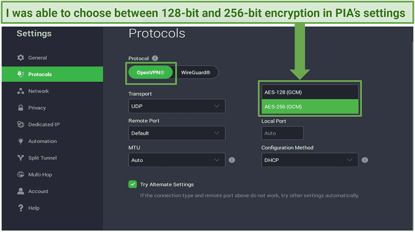 Image of PIA's protocol settings that allow users to choose between 128-bit and 256-bit encryption when using OpenVPN.