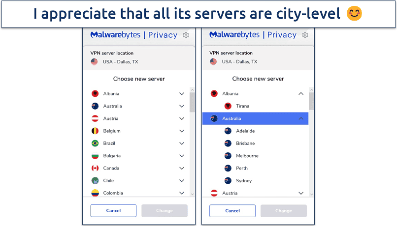 Screenshot of Malwarebytes Windows App highlighting the server list 