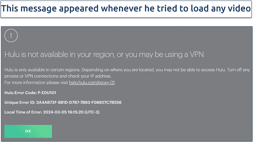A screenshot showing TunnelBear failed to work with Hulu