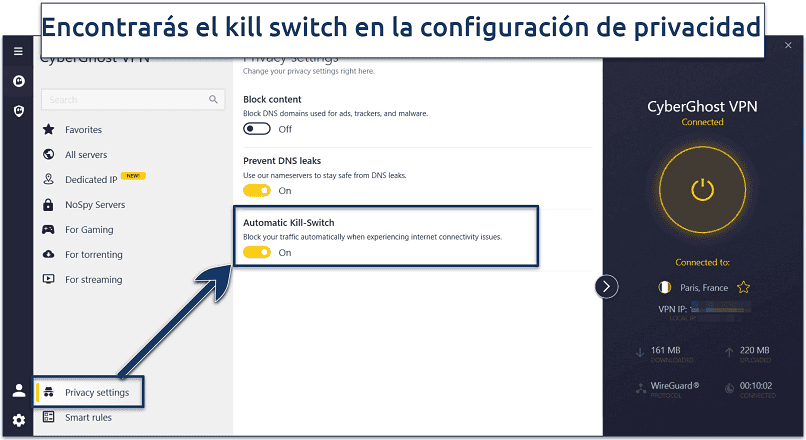 Screenshot showing how to enable CyberGhost's kill switchon Windows