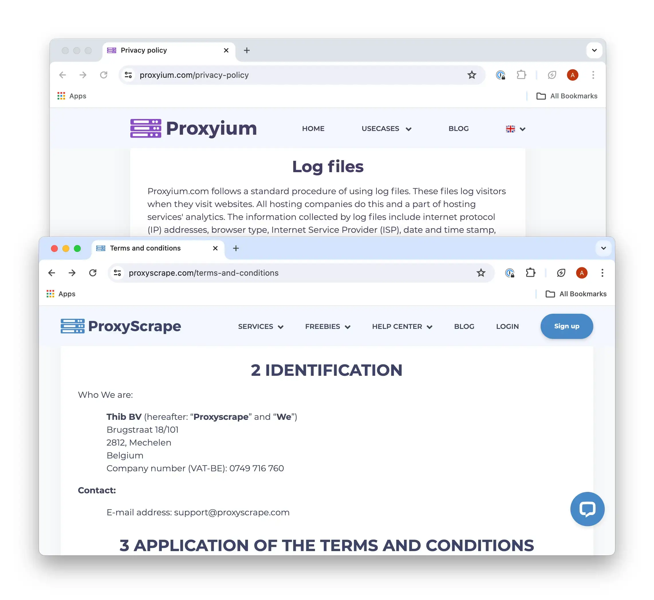 Capture d'écran du site web de Proxyium, qui ne contient aucune information sur l'entreprise,  etde Proxyscrape, qui contient des informations sur l'entreprise. 