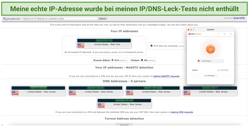 Graphic showing Hola VPN DNS/IP leak test