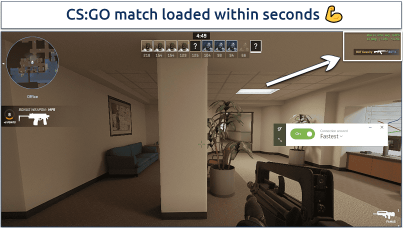 A screenshot showing playing Counter-Strike: Global Offensive while connected to TunnelBear's fastest server