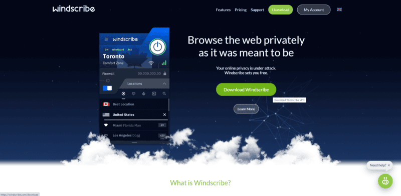 Home page of the Windscribe VPN with a call to action for download