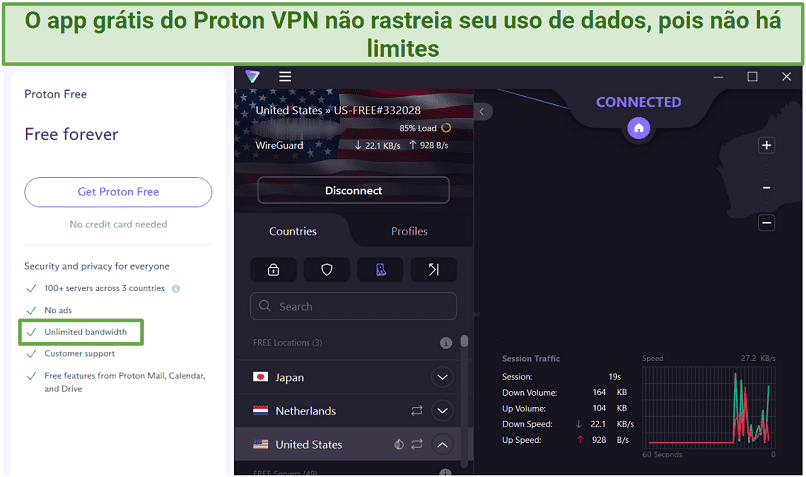 Screenshot of Proton VPN's free Windows app next to a screenshot of the free plan details from its website