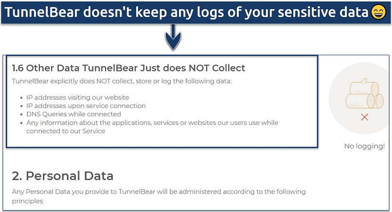 A screenshot showing TunnelBear doesn't holds on to sensitive information like IP addresses and DNS queries 