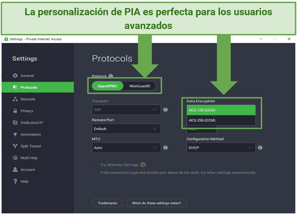 Screenshot showing PIA's customizable security settings