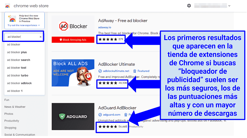 Screenshot showing how to look for a trustworthy ad blocker in Chrome store