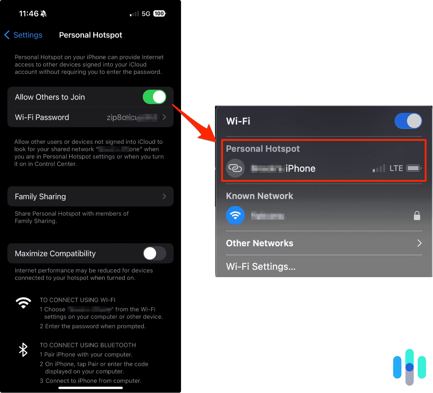 iPhone's Personal Hotspot settings