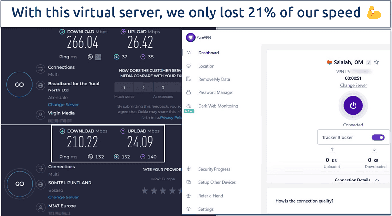 A screenshot of Ookla speed tests done while connected to PureVPN's Oman server and with no VPN connected