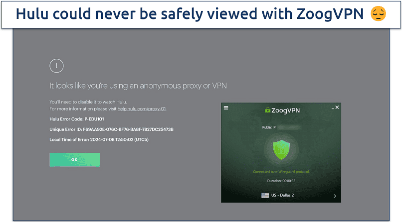 Screenshot of Hulu displaying an error message while connected to Zoog's Dallas 2 server