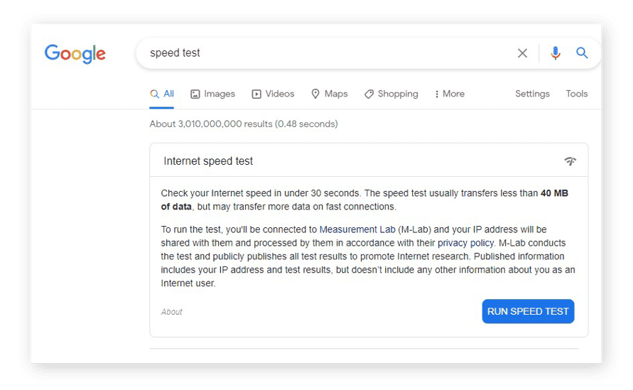 Google's internet speed test in the search results for "speed test"