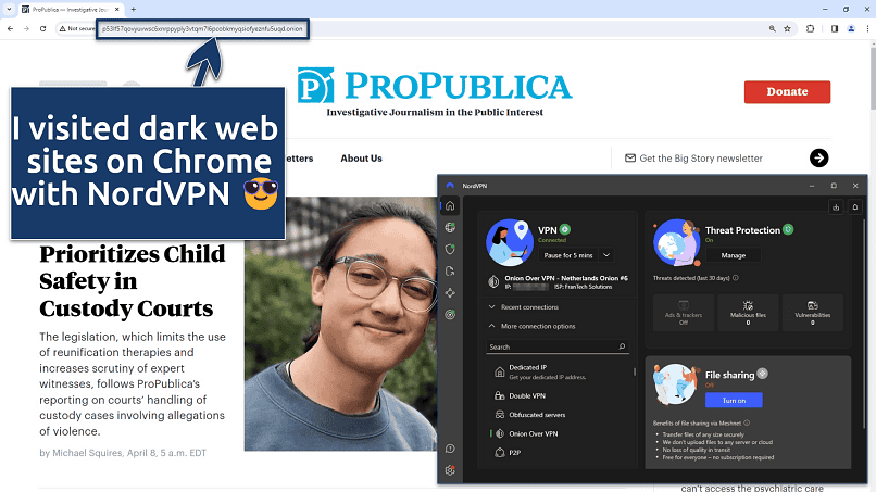 Screenshot of the NordVPN app connected to an Onion Over VPN server over ProPublica's mirror site on Chrome browser