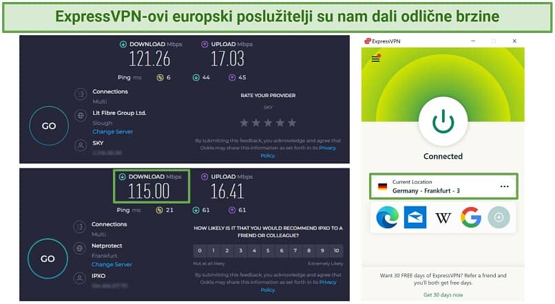 Screenshot of Ookla speed tests record with no VPN connected and while connected to ExpressVPN's Frankfurt 3 server