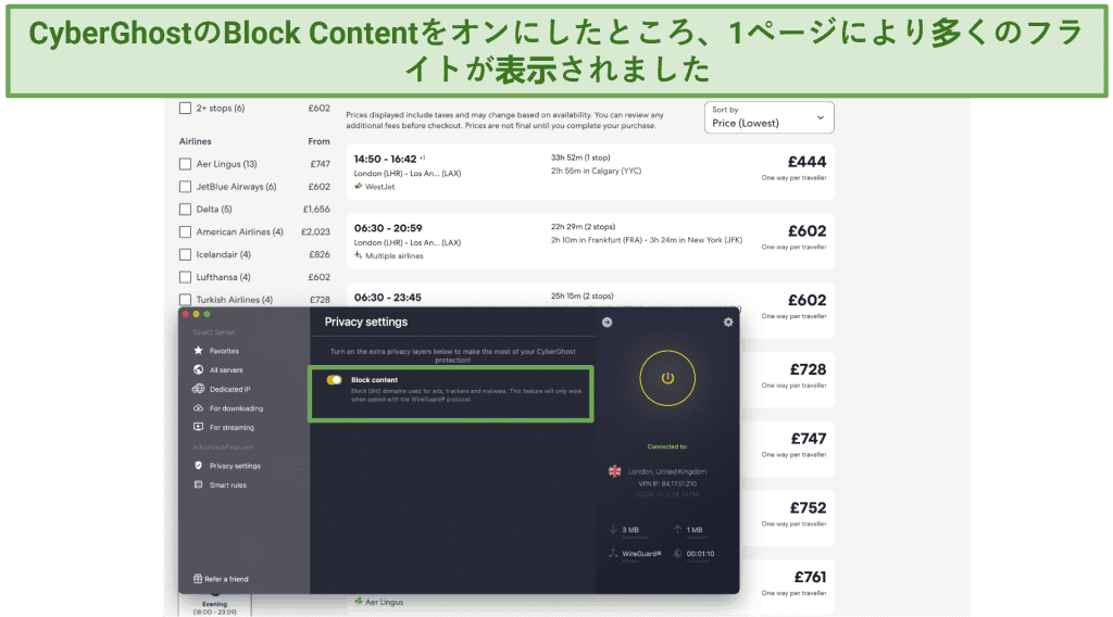 Screenshot showing the CyberGhost app with the Block content feature enabled, and no ads appearing on an Expedia flight comparison page