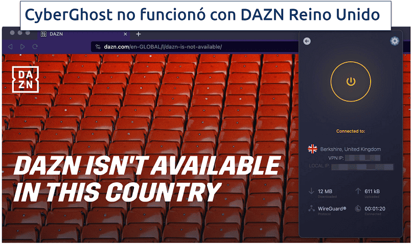 A screenshot showing CyberGhost blocked by DAZN UK while connected to a UK server